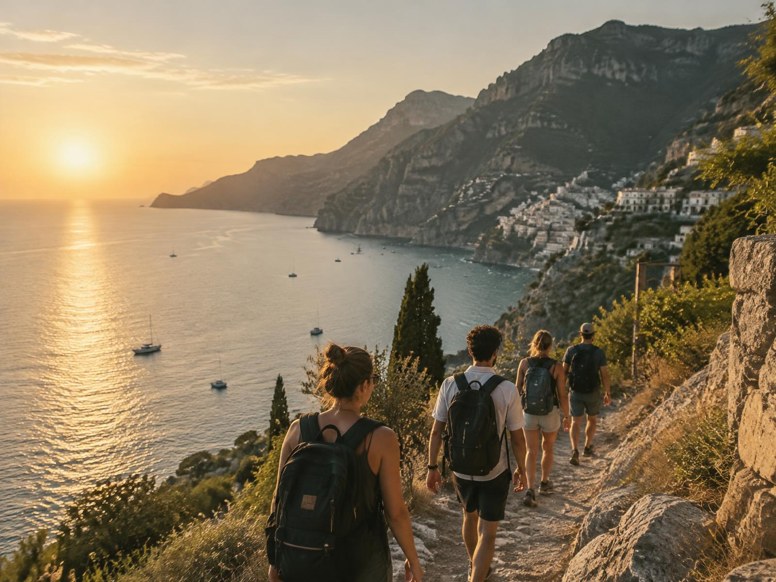 Travelers walking a coastal path at sunset